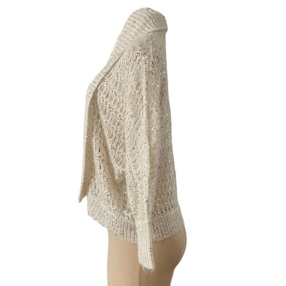 Express Women Ivory Open Cardigan Large Collar Sequins Wool Open Knit Sweater L - Picture 2 of 7